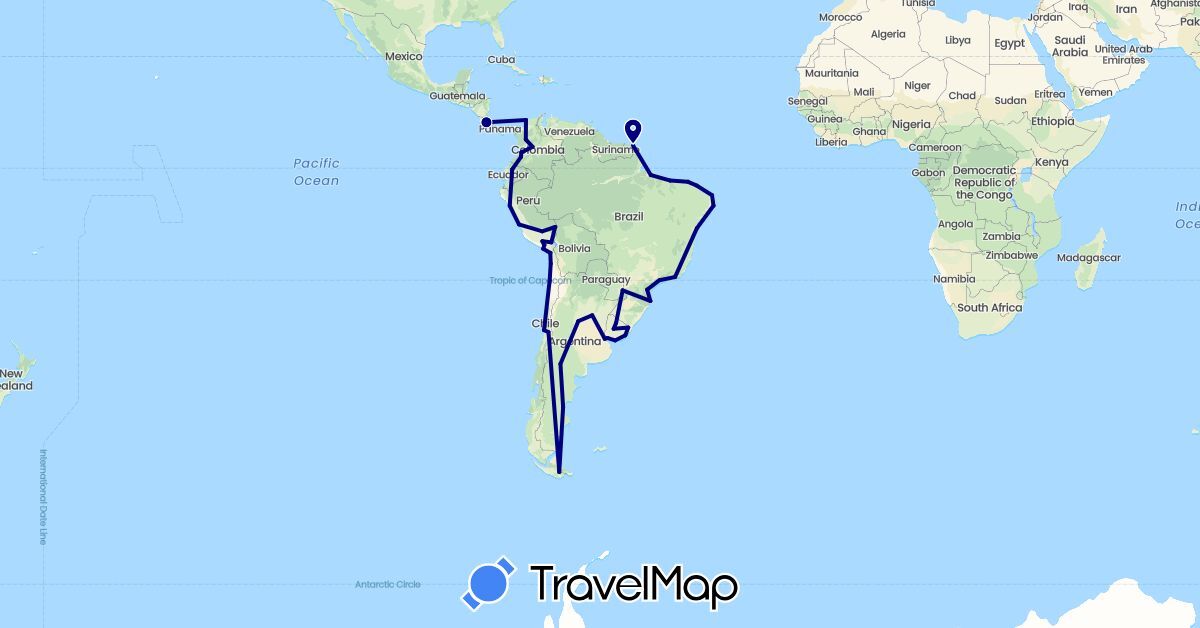TravelMap itinerary: driving in Argentina, Brazil, Chile, Colombia, Costa Rica, Ecuador, France, Peru, Uruguay (Europe, North America, South America)